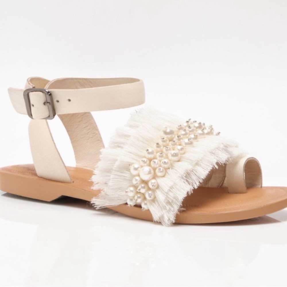 Free People Ivory Fringe Pearl Embellished Ankle-Strap Sandals